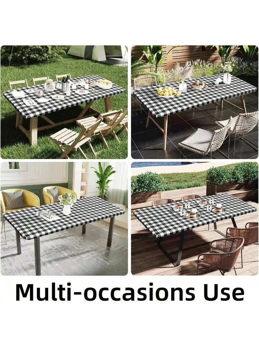 Rectangular Waterproof Vinyl Tablecloth With Flannel Back Buffalo Plaid Black White For Dining Camping Outdoor