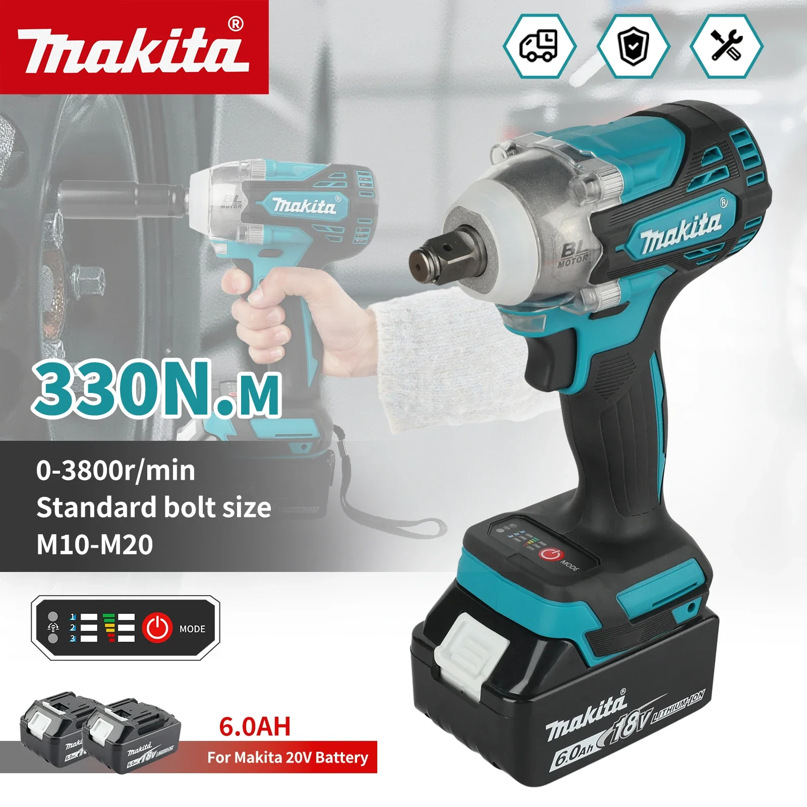 Makita DTW300 Cordless Wrench Tool Set, 330Nm Torque,Wind Cannon Remove Tire, Lithium Auto Repair for 18V-20V battery.