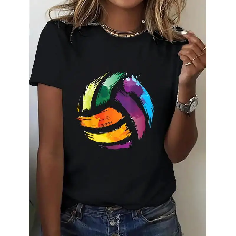 

Women's Volleyball T-shirt Colorful Graphic Tee Watercolor Paint Volleyball Print Casual Short Sleeve Top