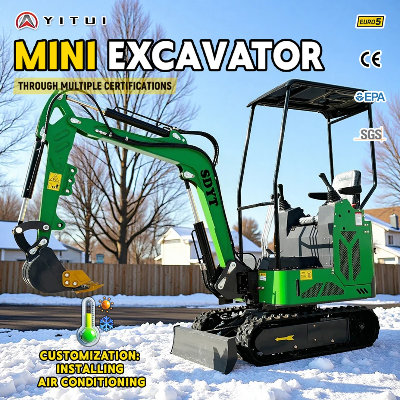 Minibagger 1,2 Tonnen maßgeschneiderte Klimaanlage Heizband Cab Crawler mit Hilfszubehör Schnelle Lieferung