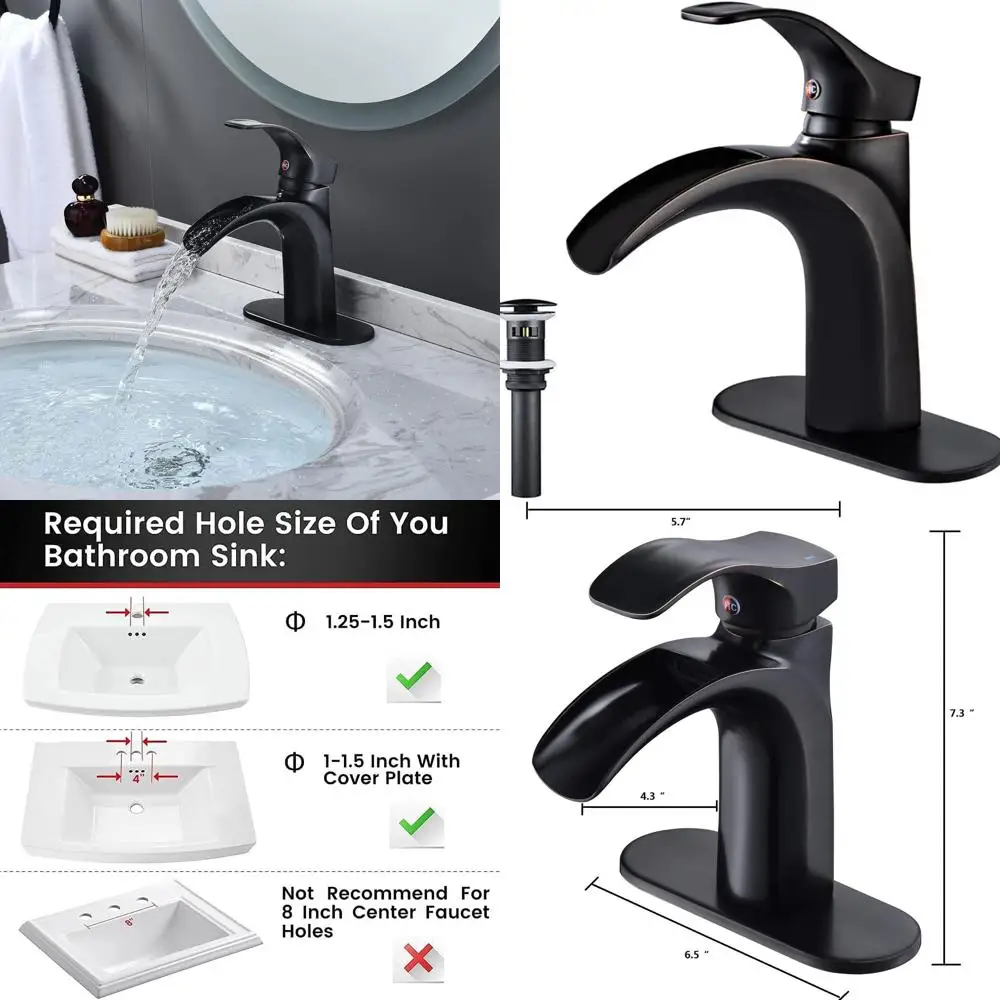 

Single Handle Oil Rubbed Bronze Waterfall Faucet for 1 or 3 Hole Vanity Sink with 4 Spout and Pop-Up Drain