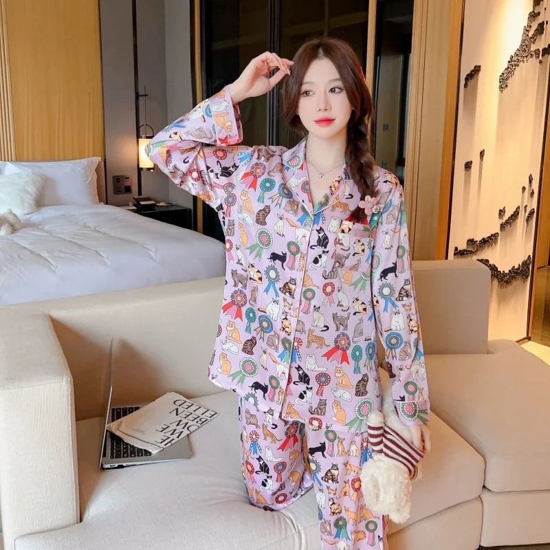 

Spring And Summer New Cartoon Pajamas Women Ice Silk Long Sleeve Thin Cute Summer Home Wear Women Can Be Worn Pyjamas Set