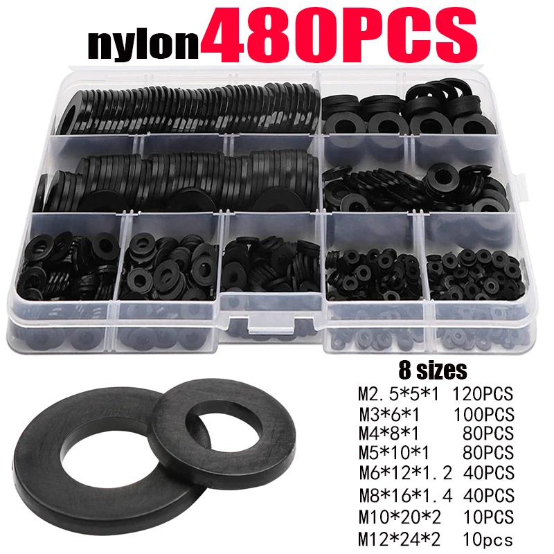 

M2 M2.5 M3 M4 M5 M6 M8 Nylon Washers Plastic Insulation Spacers Seals Black White 250/350/480/500PCS Set Gasket Ring Kit