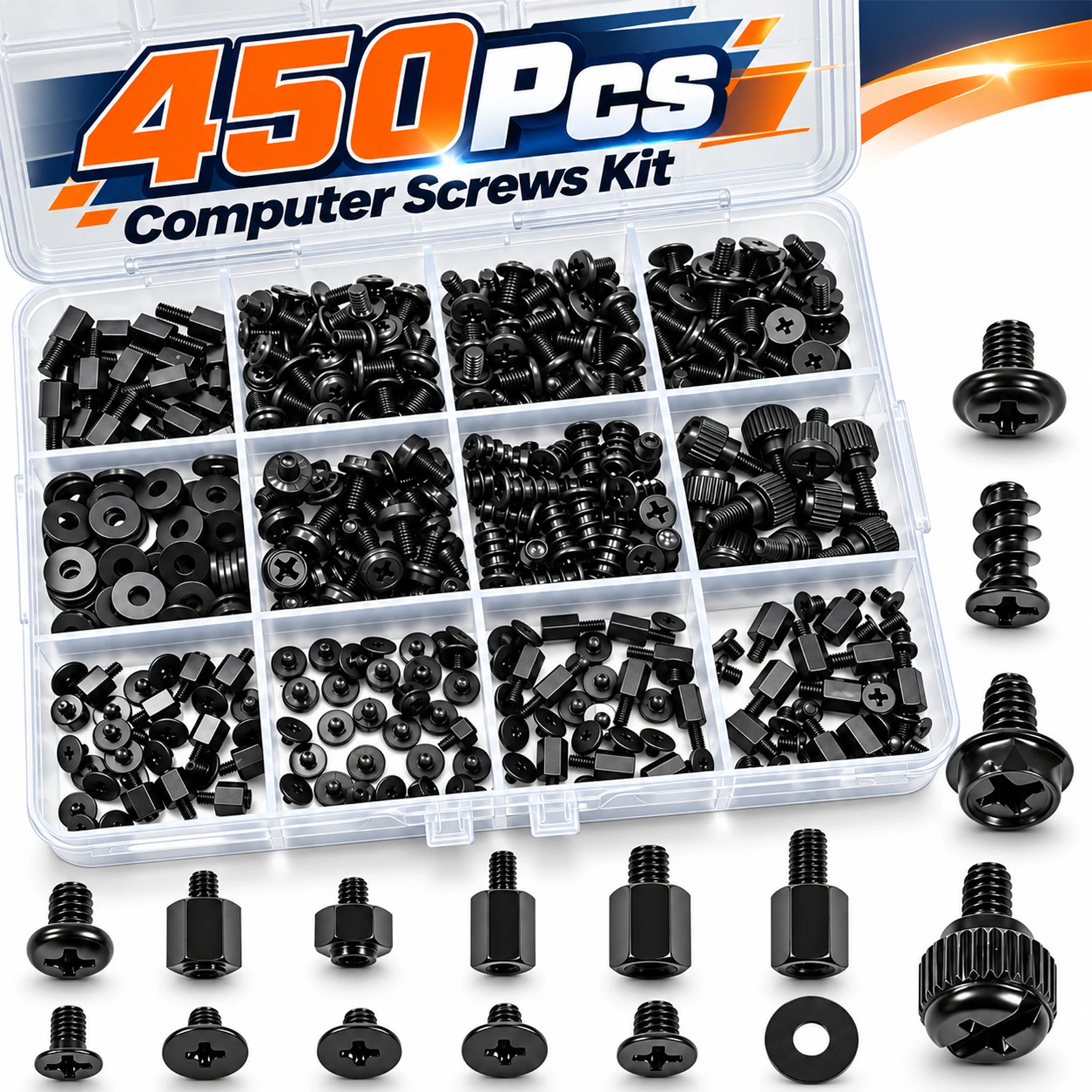 450Pcs Computer Screw Kit for PC Build & Repair, M.2 SSD Mounting, Motherboard Standoff, Case/SSD/HDD/Fan Screws All-in-One