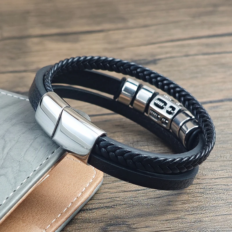 Fashion Chinese Abacus Shaped Leather Bracelet Magnetic Buckle Rope Jewelry Stainless Steel Accessories Men's Bracelet Gift
