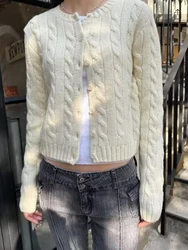 Vintage Beige Twisted Flower Cardigans Women Spring O-neck Single Breasted Cotton Sweaters Coat Sweet Preppy Style Cotton Tops