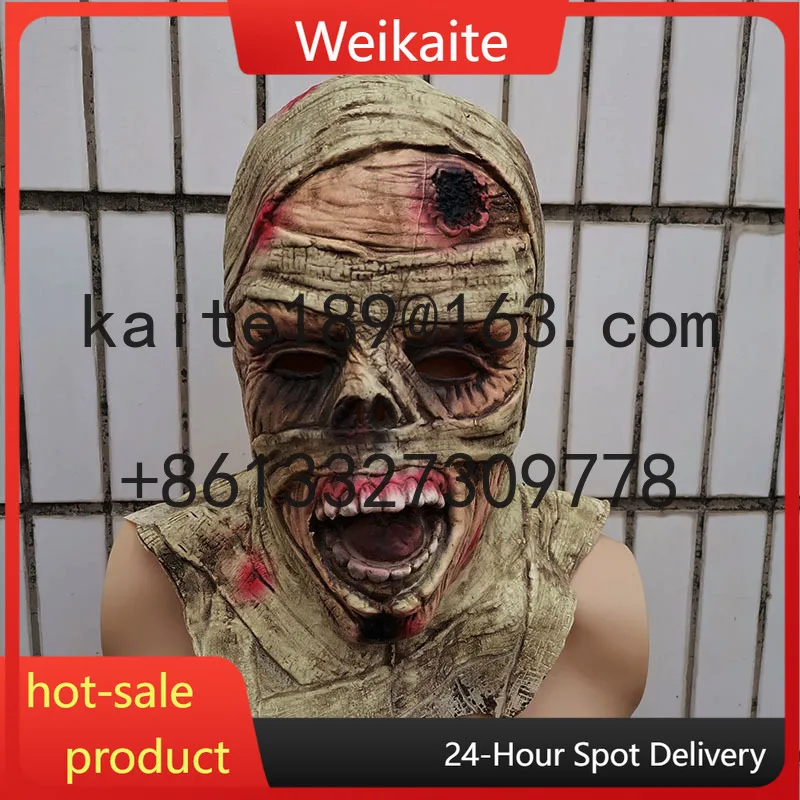 

Halloween horror masks, haunted house escapes, mummies, ghosts, zombies, disgusting, scary, grimace hoods.