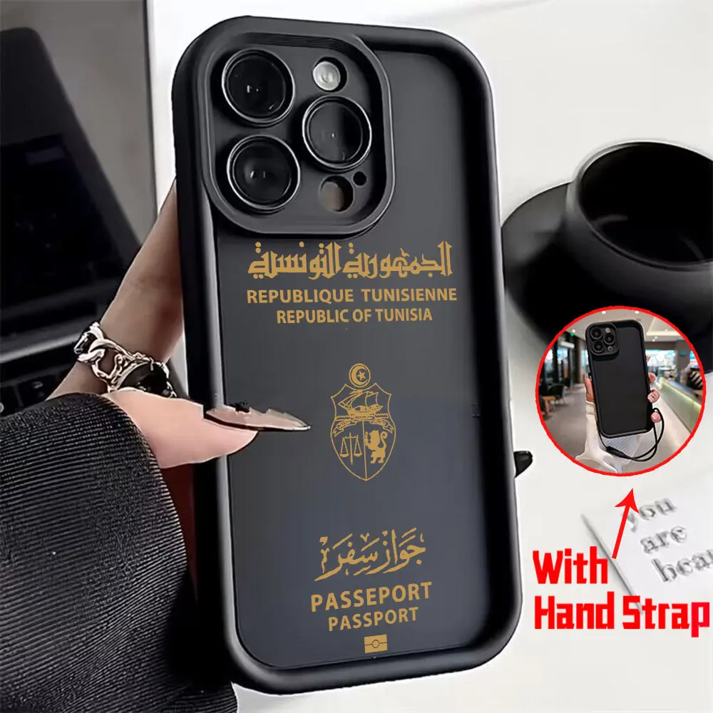 Tunisia Passport Phone Case for IPhone 15 14 13 12 11 Pro Max Mini XR XS X 7 8 Plus Soft TPU Back Cover With Hand Strap