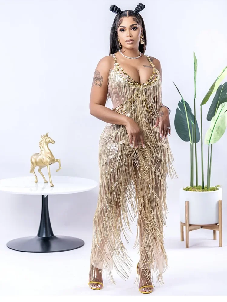 

Women Club Prom Party Outfit Singer Dancer Performance Costume Stage Wear Sparkly Gold Rhinestones Tassels Sleeveless Jumpsuit