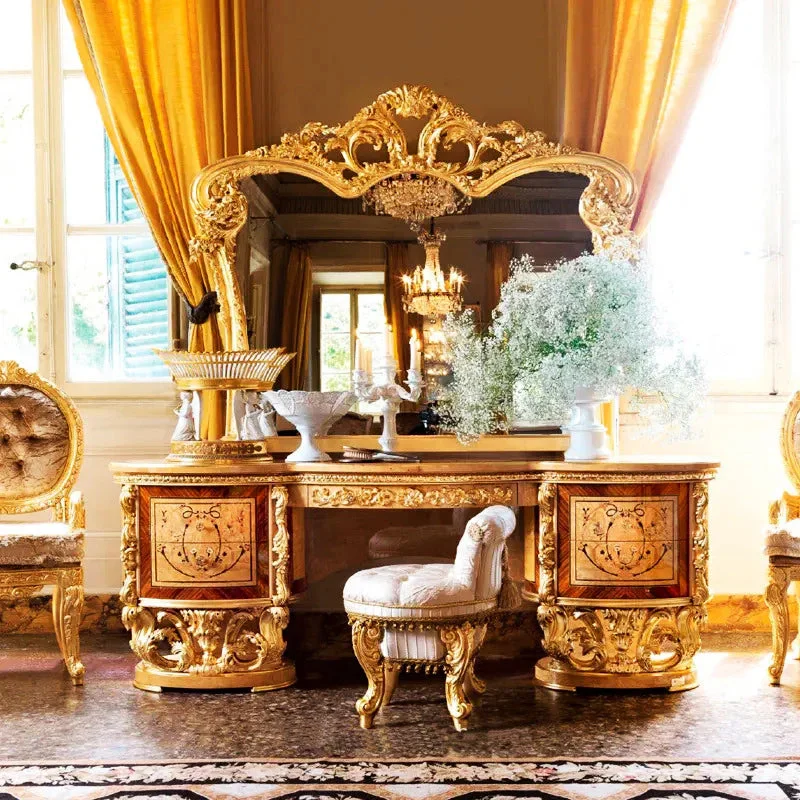 Makeup Vanity Set,Antique Classic Dressing Table with Mirror,Hand Carved Baroque Gold Leaf,Wooden Dresser with Drawers