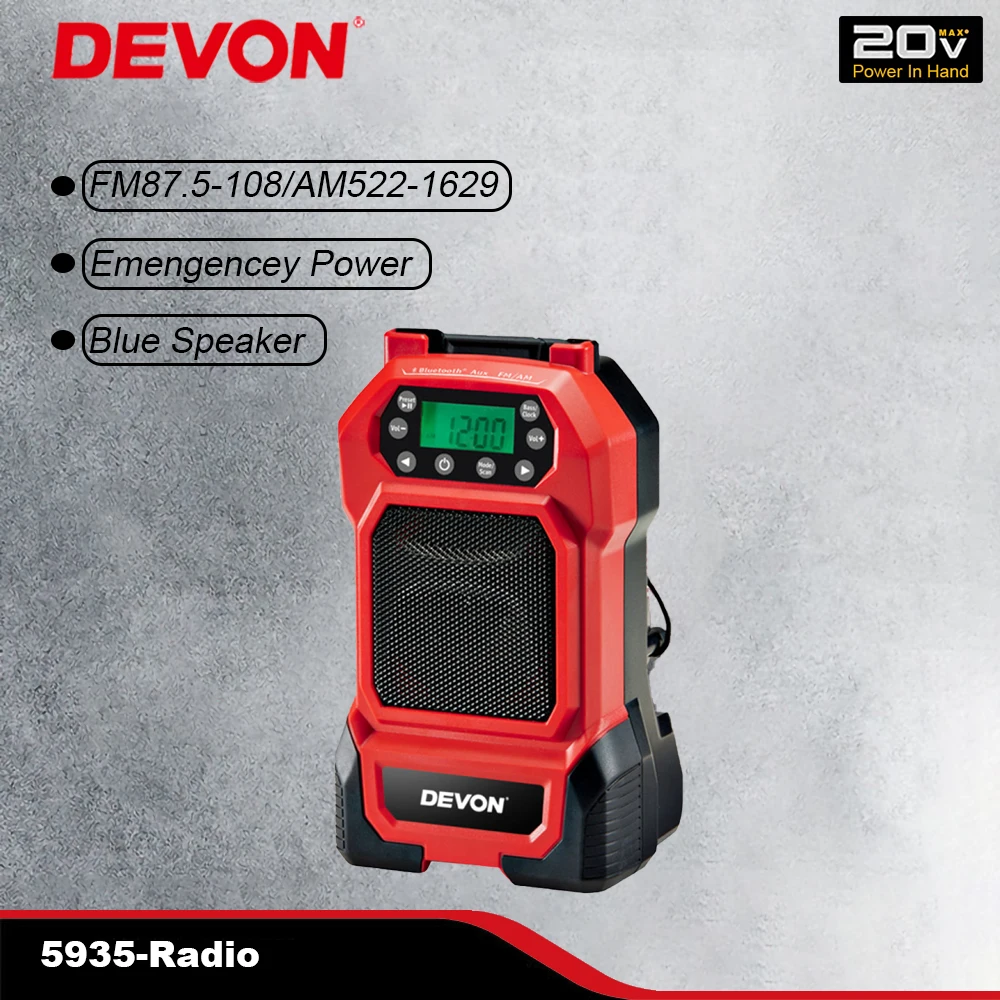 Devon 5935 20v Wireless USB Bluetooth Dual Band Radio External Speaker Emergency Power Charging Universal Flex Battery Platform