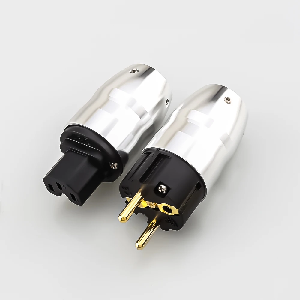 High Quality Pair Hi-end Silver Aluminium Gold Plated Hifi IEC Female Connector EU Schuko Power Plug for DIY Hifi Power Cable