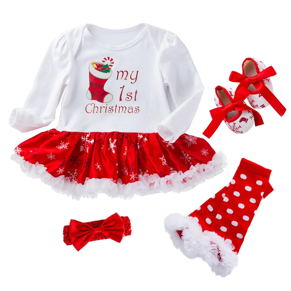 

3pcs Snowflake Bodysuit Dress Cute Cartoon Long Sleeve Baby Girl Christmas Outfit Holiday Party Photo Wear Red Nose Reindeer