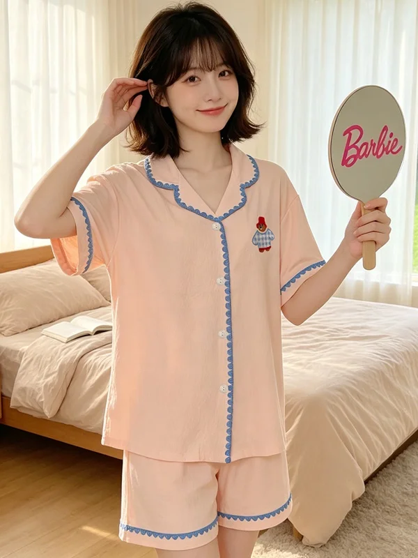 Comfortable Cloud Cotton Short Sleeve Sleepwear Women's Summer Thin Casual Cartoon Home Sweet Set Short Pants Nightgown 3