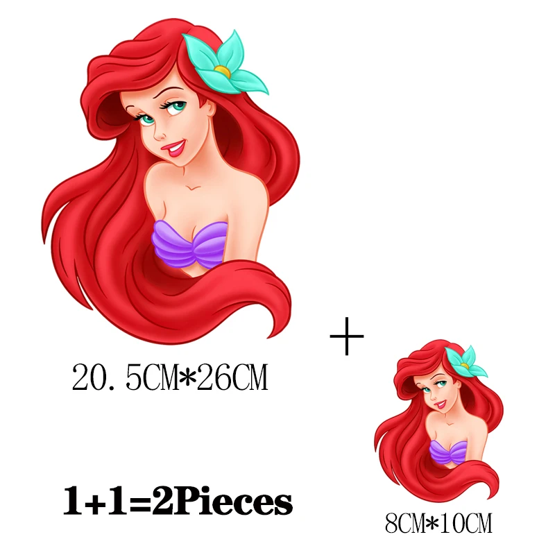 2Pcs/Lot The Little Mermaid Disney Iron On Fusible Patches Heat Thermal Transfer Stickers Ironing Applications For Clothing DIY