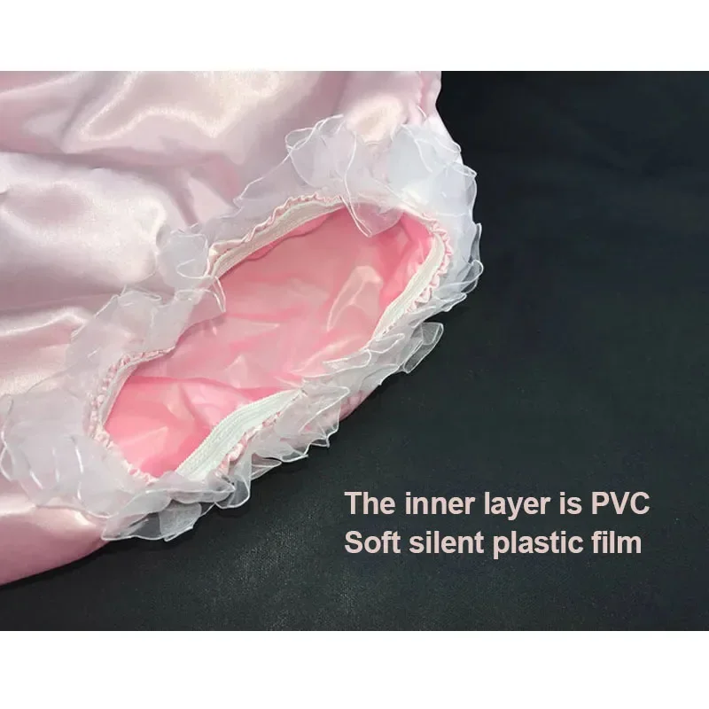 ABDL Adult Baby Diaper Panties Lolita Fashion Double layer Pink Pleated Lace PVC Plastic Satin Briefs Leak Proof Hygiene Panty