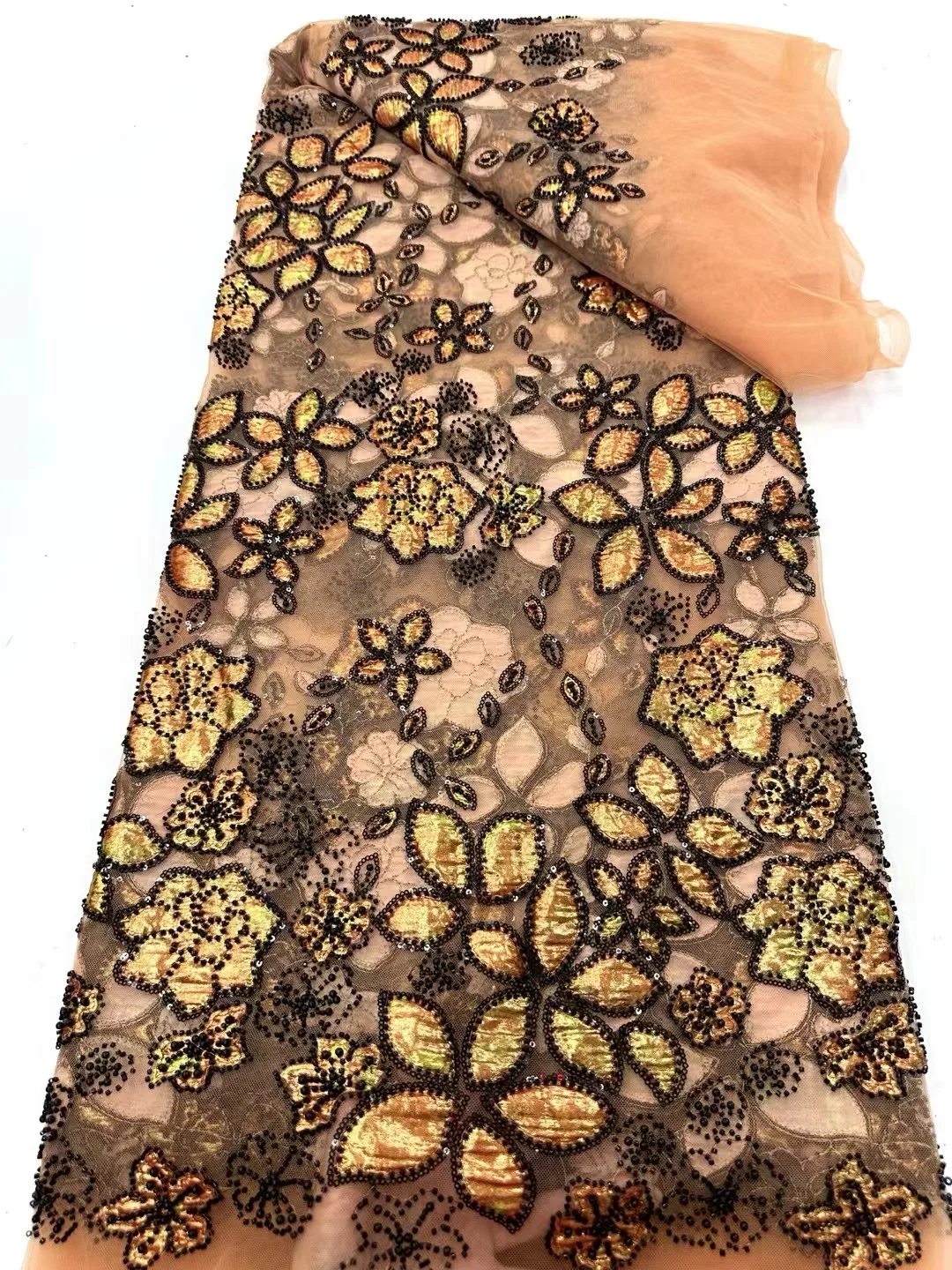 

African Sequins Lace French Tulle Beaded Lace Fabrics Women Fashion 5 Yards Embroidery Nigerian Lace Fabric For Wedding Party