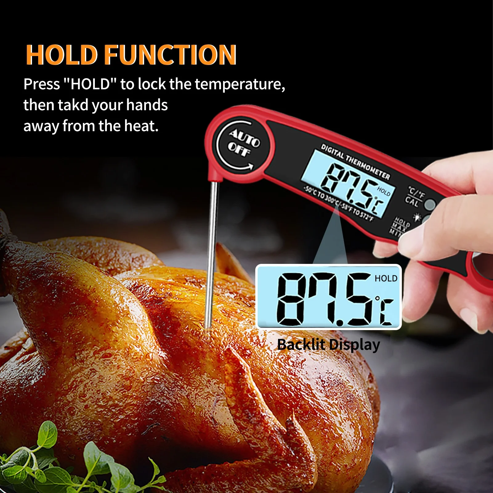 For Kitchen Baking Water Temp Outdoor BBQ Grill Meat Digital Folding Waterproof Food Thermometer with LED Backlight
