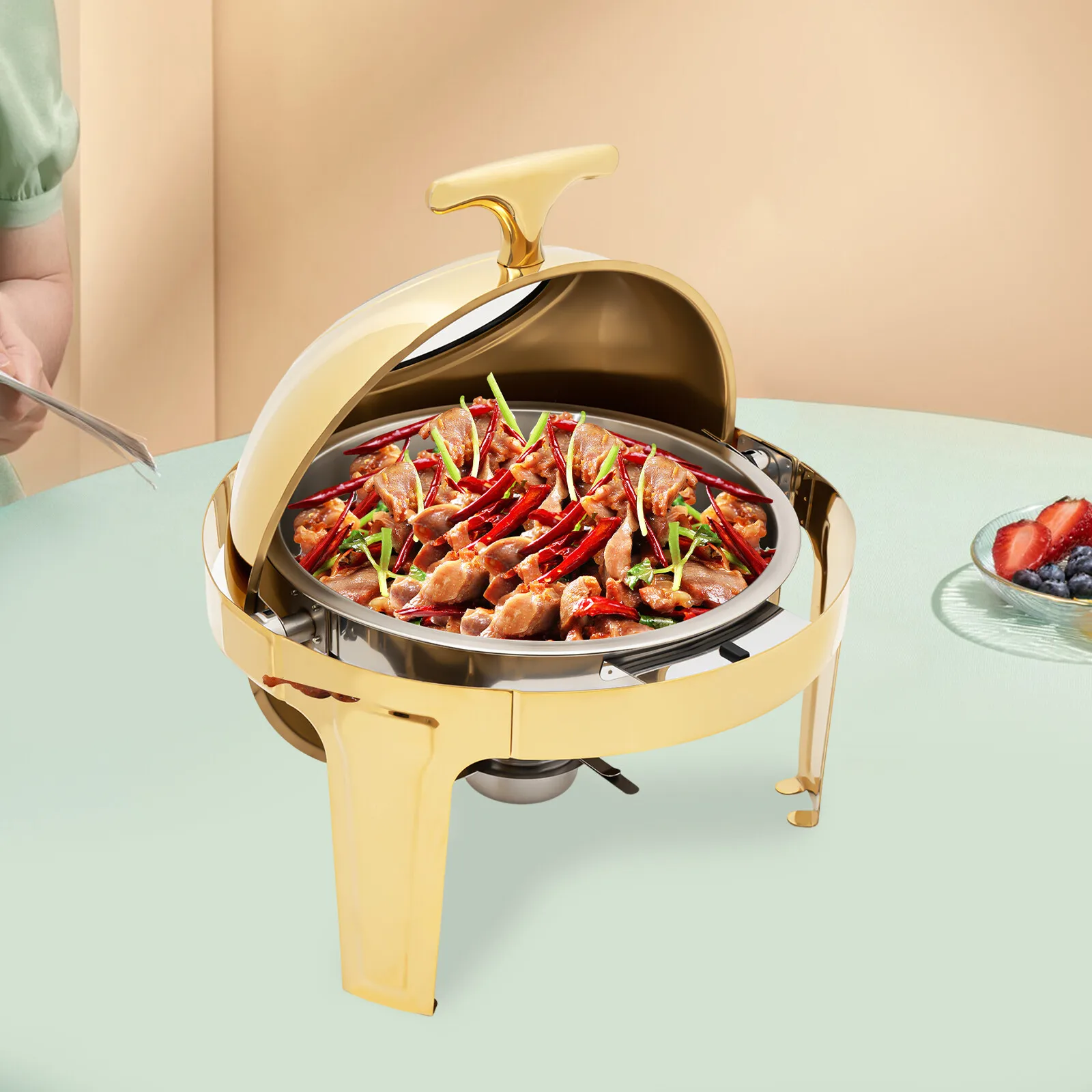 

Keep Food Perfectly Warm! 6L Round Chafing Dish with Visible Glass Lid, Ideal for Buffet Wedding and Hotel Catering Service