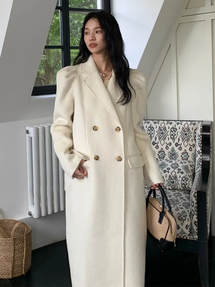 

New Women Elegant 10% Cashmere Wool Double-sided Coat Fashion Warm Double Breasted Long Sleeve Woolen Coat Long Autumn Winter