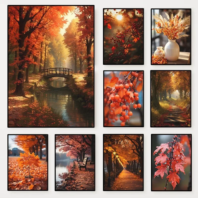 Modern Autumn Natural Scenery Poster Fall Red Berries Leaves Botanical Canvas Painting Wall Art for Living Room Home Decor Mu