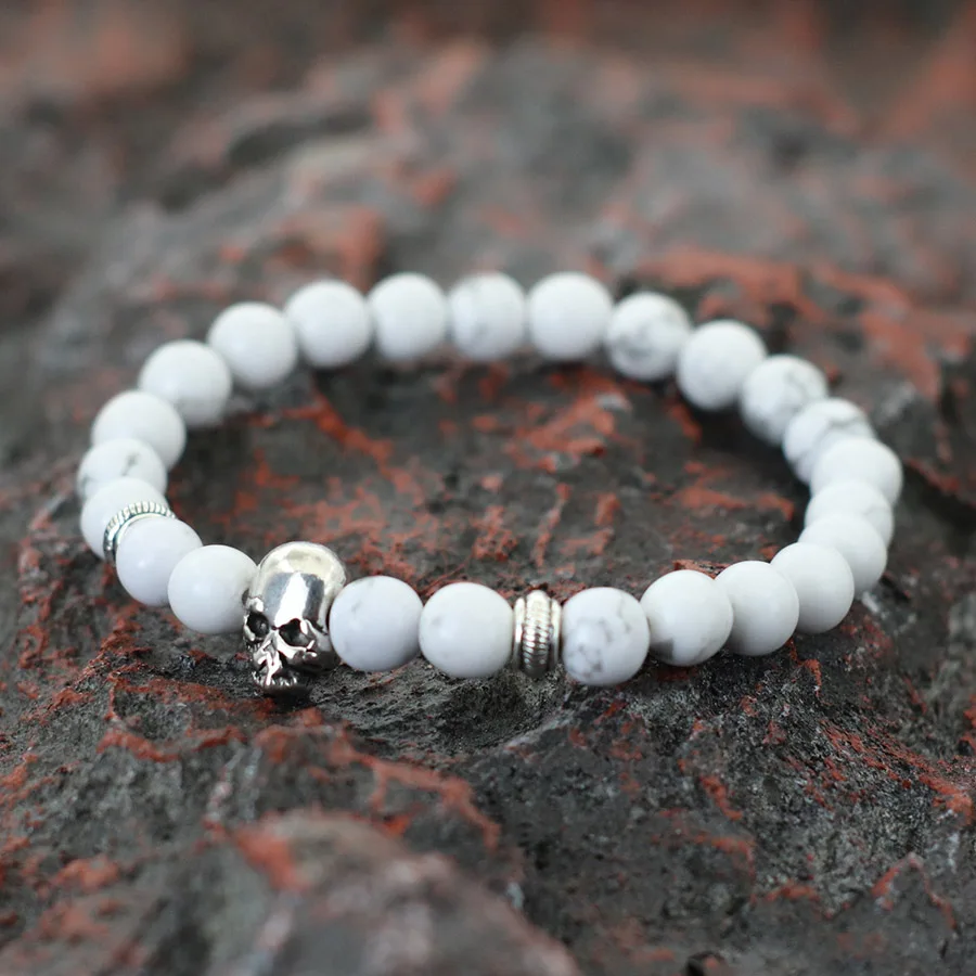 Retro Skull Bracelet For Men 8mm Natural Tiger Eyes White Howlite Lava Stone Beaded Braslet Halloween Accessories Pulseras Homme