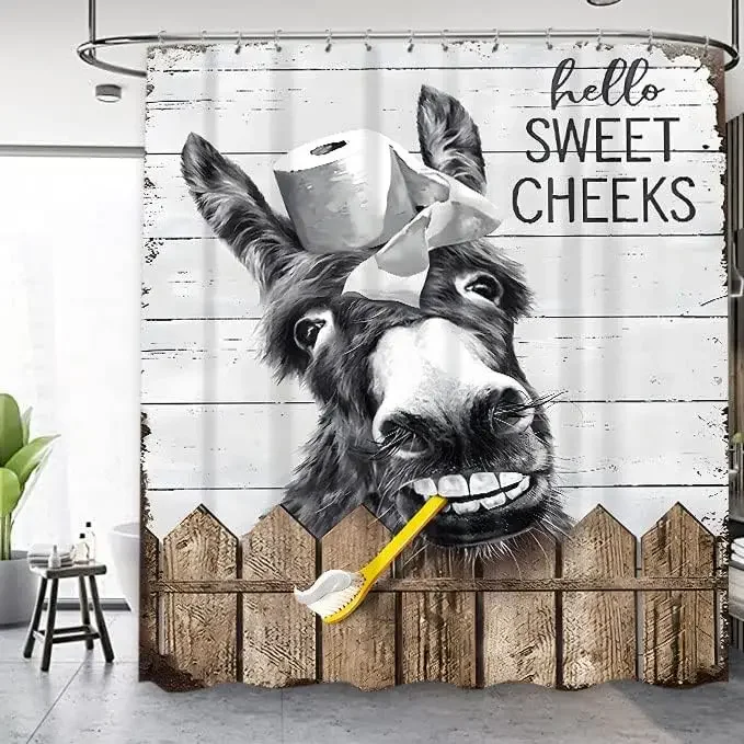 Rustic Farmhouse Donkey Shower Curtain, Hello Sweet Cheeks Western Black White Farm Animal Waterproof Bathroom Decor With Hooks