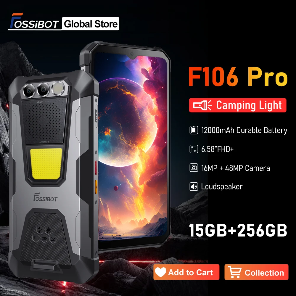 FOSSiBOT F106 PRO Rugged Machine With 3W Camping Light 15GB+256GB Android 14 6.58”FHD 12000mAh Big Speaker