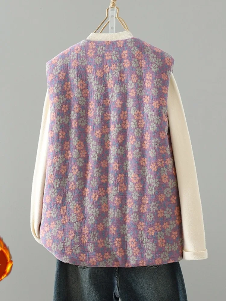 Handmade Chinese Style Cotton Vest Women's Winter Warm No-Sleeve Top with Button Floral Print Thickened Casual Loose Fit