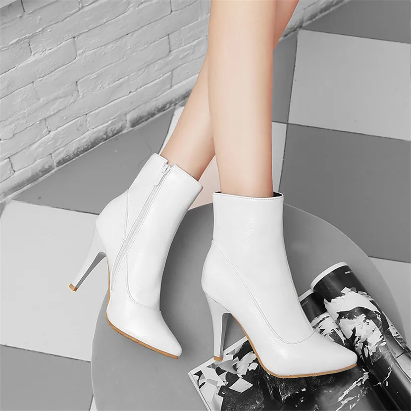 Plus Size Winter Women Ankle Boots Red White Patent Leather High Thin Heels Office Lady Pointed Toe Zipper Short Stiletto Boots