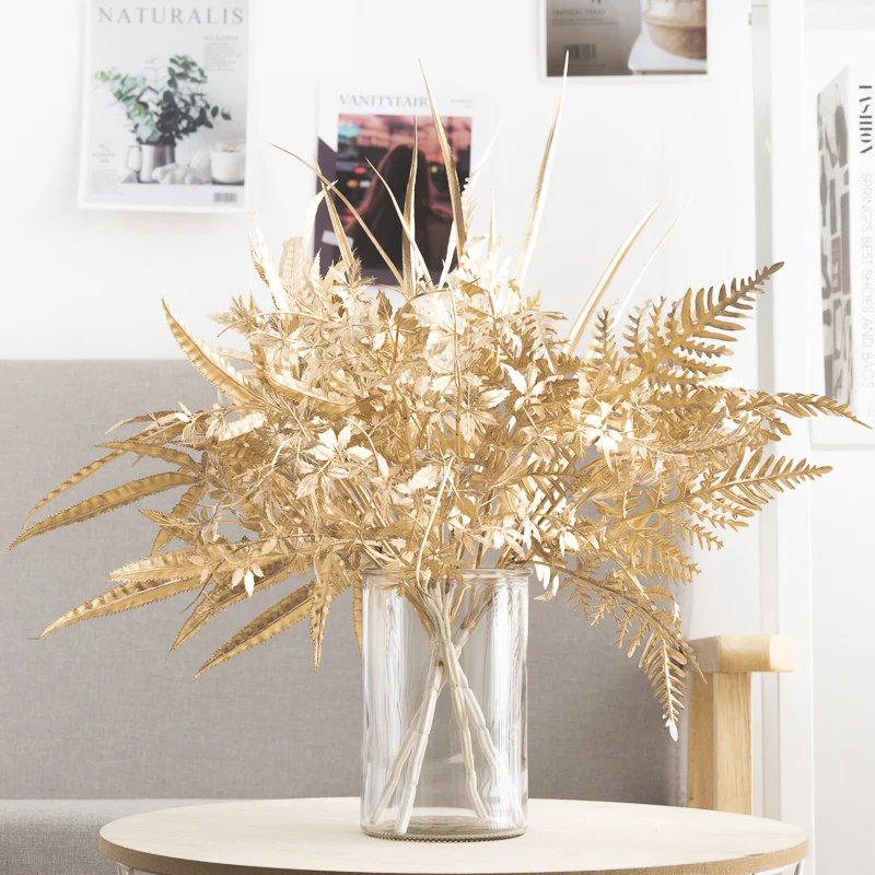 Gold Artificial Plant Plastic Eucalyptus Leaves Balcony Bonsai Table DIY Flower Arrangement Home Living Room Retro Decoration