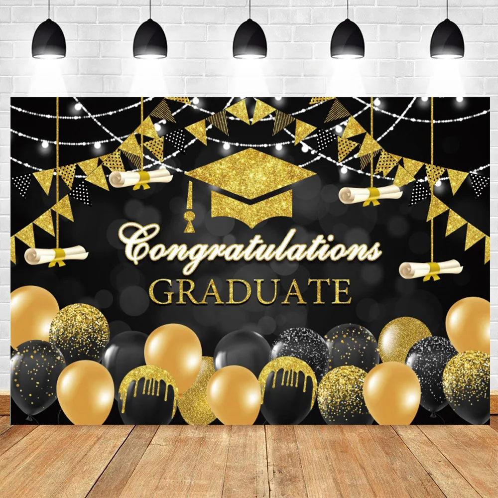 

Congratulations 2023 Graduation Party Background Decor Poster Bachelor Cap Gold Balloon Polka Dot Black Photography Backdrop