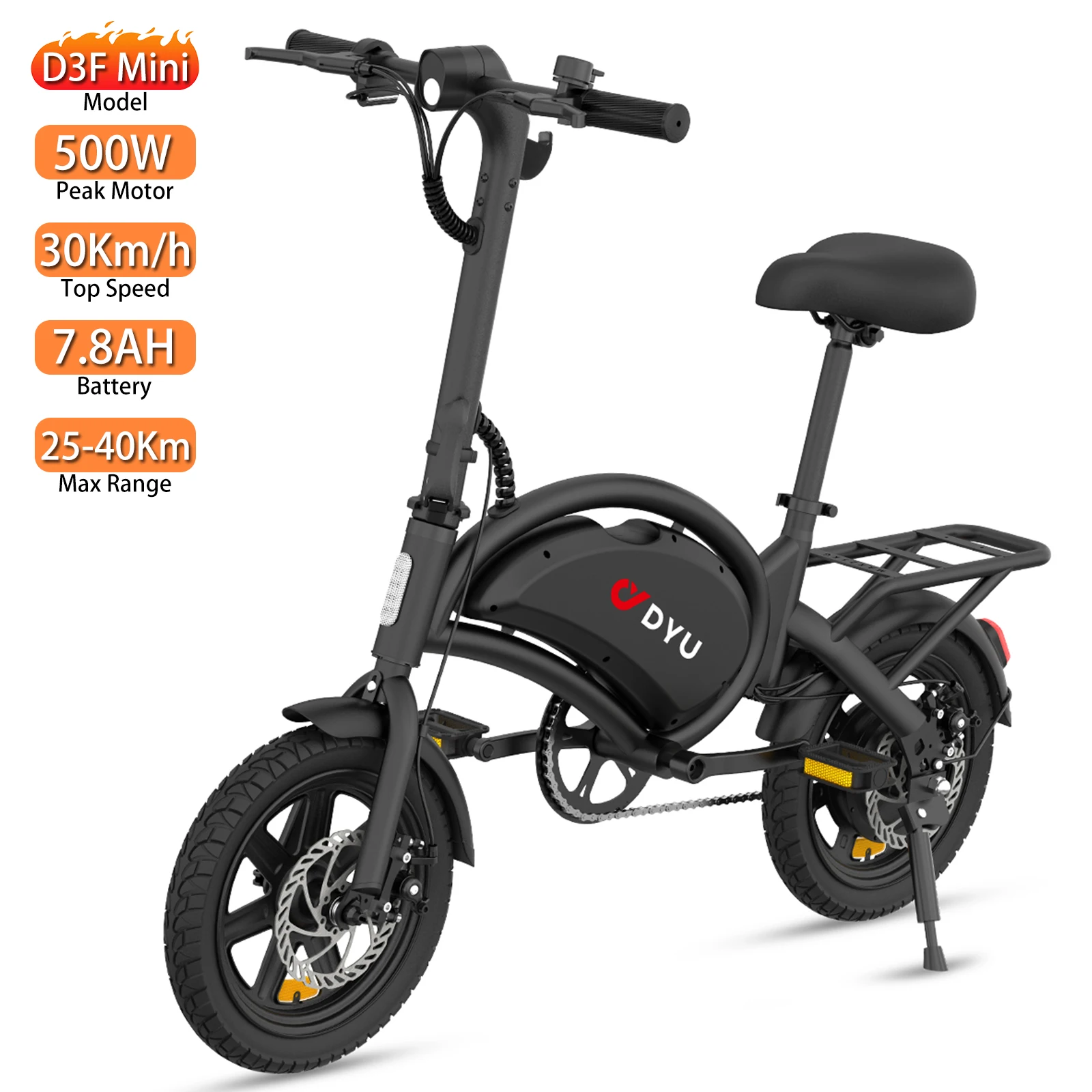 

Electric Bicycle DYU D3F 14" 500W Peak Motor Foldable City E-Bike 36V 7.8AH Dual Disc Brake Top Speed 20Mph Max Load 264Ibs New