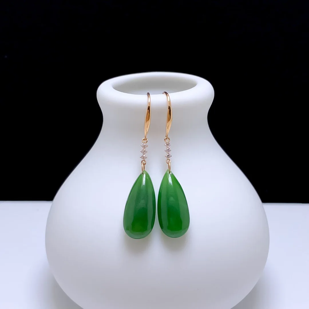 SHILOVEM 18k Gold Green Jasper Stud Earrings New Birthday Christmas Gift Fashion Wholesale Women 8*18mm yze081822by