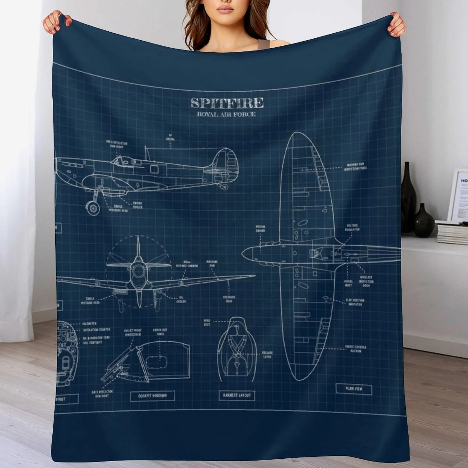 

SPITFIRE: Royal Air Force (Navy Blueprint) Throw Blanket Loose Polar Heavy For Sofa Thin Blankets