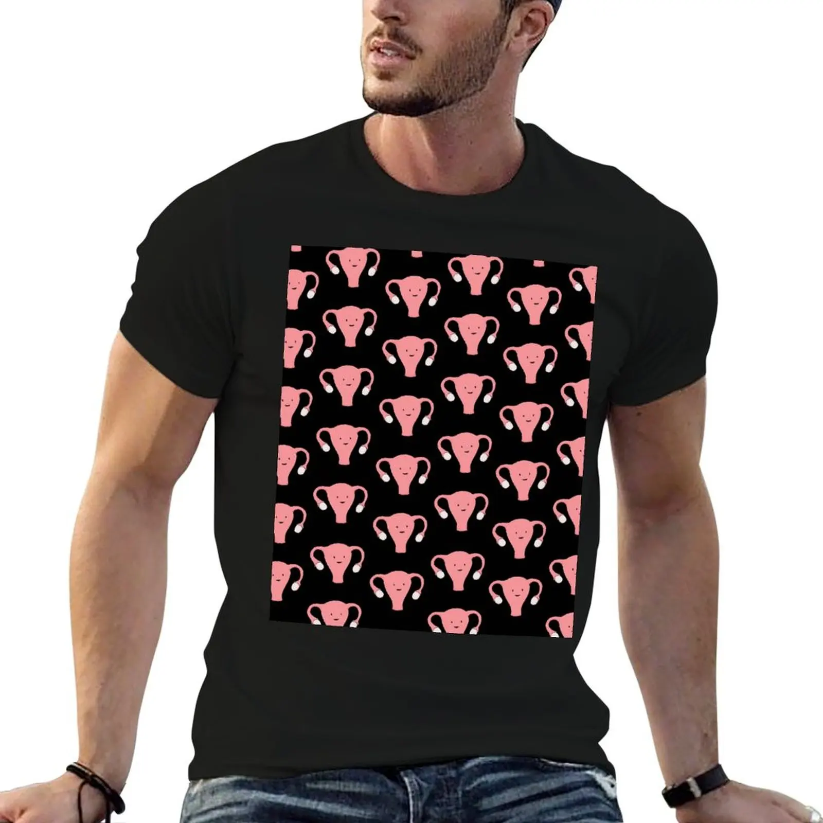

Patterned Happy Uterus in Black T-Shirt man tshirt funny t shirts cotton T-Shirt