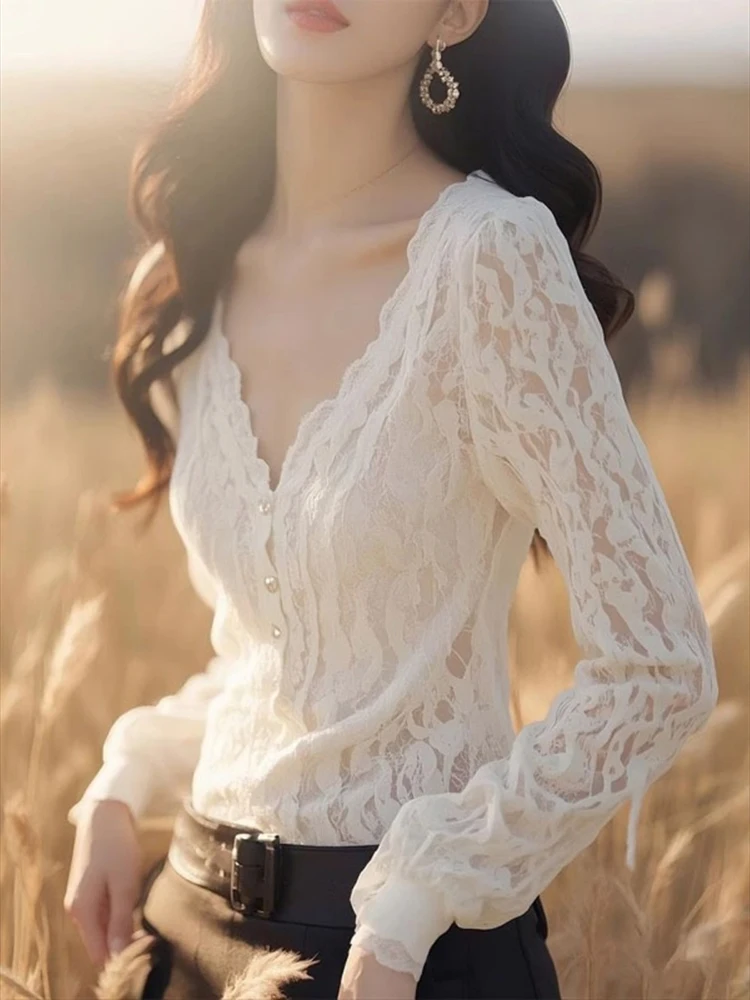 

French Splicing Lace Elastic V Neck Petal Sleeve Top Spring Autumn Stretch Tee Female Bottoming Blouses Tops Thermal Pullover
