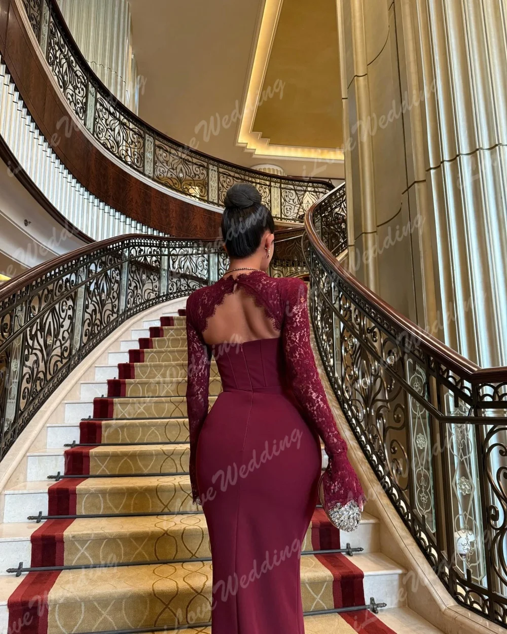 Customized Tight Fitting Straight Prom Dresses 2025 Floor-Length Square Collar Full Sleeve Lace Evening Dresses Sexy Backless