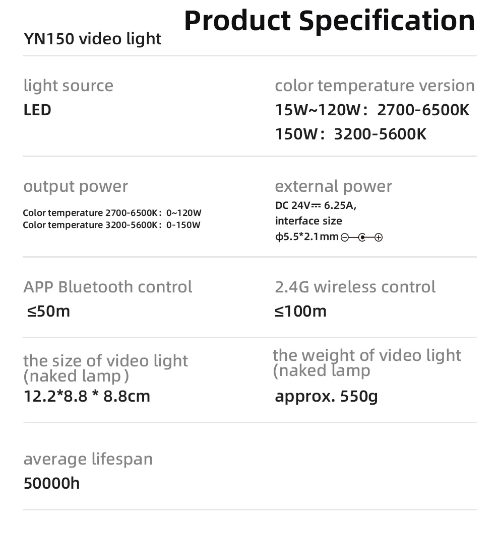 YONGNUO YN150 YN150S 2700-6500K 150W Mini Bowens Mount Portable COB LED Continuous Light for Portrait Wedding Film Shooting