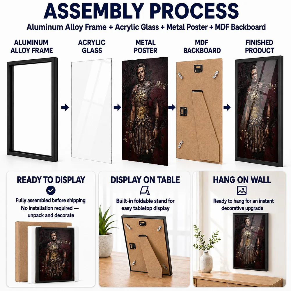 Gladiator Framed Metal Poster Personalized Grand Period Illustration Wall Art For Collector Den Or Media Room Drama Lover Gift