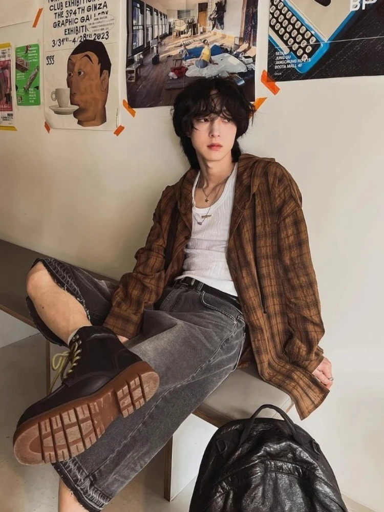 HOUZHOU Vintage Plaid Hooded Shirts Women Oversized Japanese Style Harajuku Fashion Checked Blouses Long Sleeve Tops Streetwear