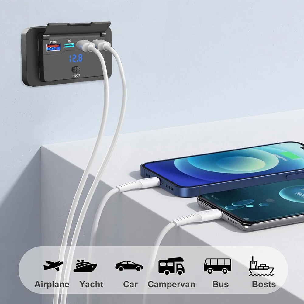 Toma de corriente USB para RV, panel de cargador de coche con puertos USB A duales de 18W y puertos PD3.0 duales de 30W,