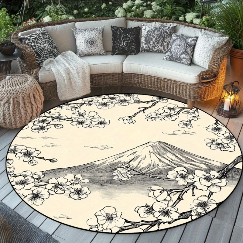 

1pc Cherry Blossom and Mount Fuji Round Rug, Polyester Woven, Lightweight, Washable - Suitable for Bedroom, Living Room, Office