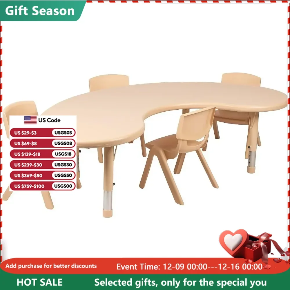 

Children's desk, 35 "W x 65" L long crescent shaped natural plastic height adjustable, with 4 chairs, children's desk