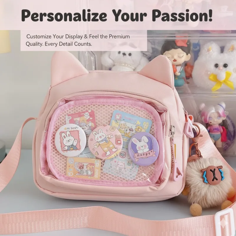 

Pink Cat Ear Mini Ita Bag Mesh Transparent Crossbody Bag Small Capacity For Display Anime Badges Daily Bag For Teen Girls Gift