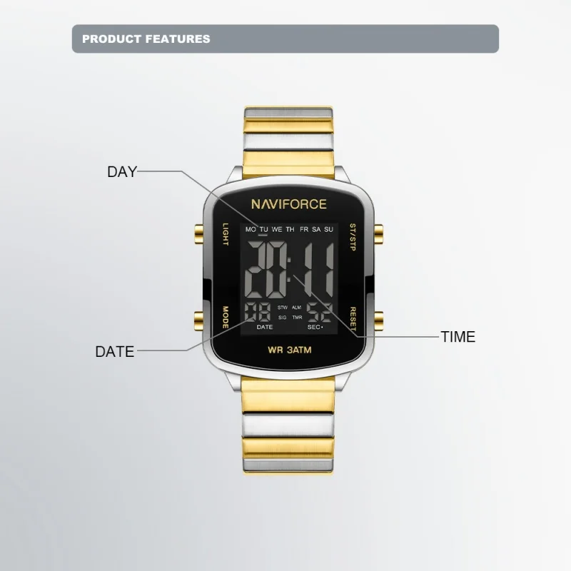 NAVIFORCE Sports Digital Women's Watch 3ATM Waterproof Stopwatch Timekeeping Luminous Stainless Steel Alarm Ladies'Cock