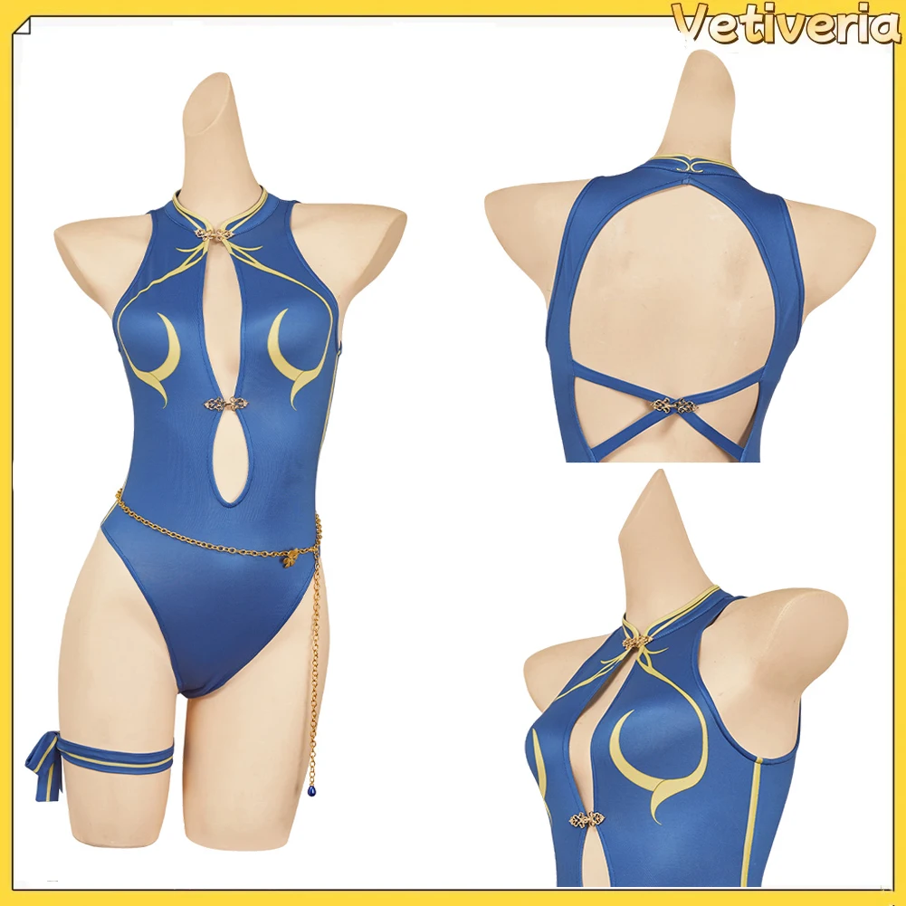 بدلة Figher Fantasy Chun Li التأثيرية، أزياء الخصر، عصابة رأس، سوار معصم للنساء البالغات، بدلة حفلات الهالوين