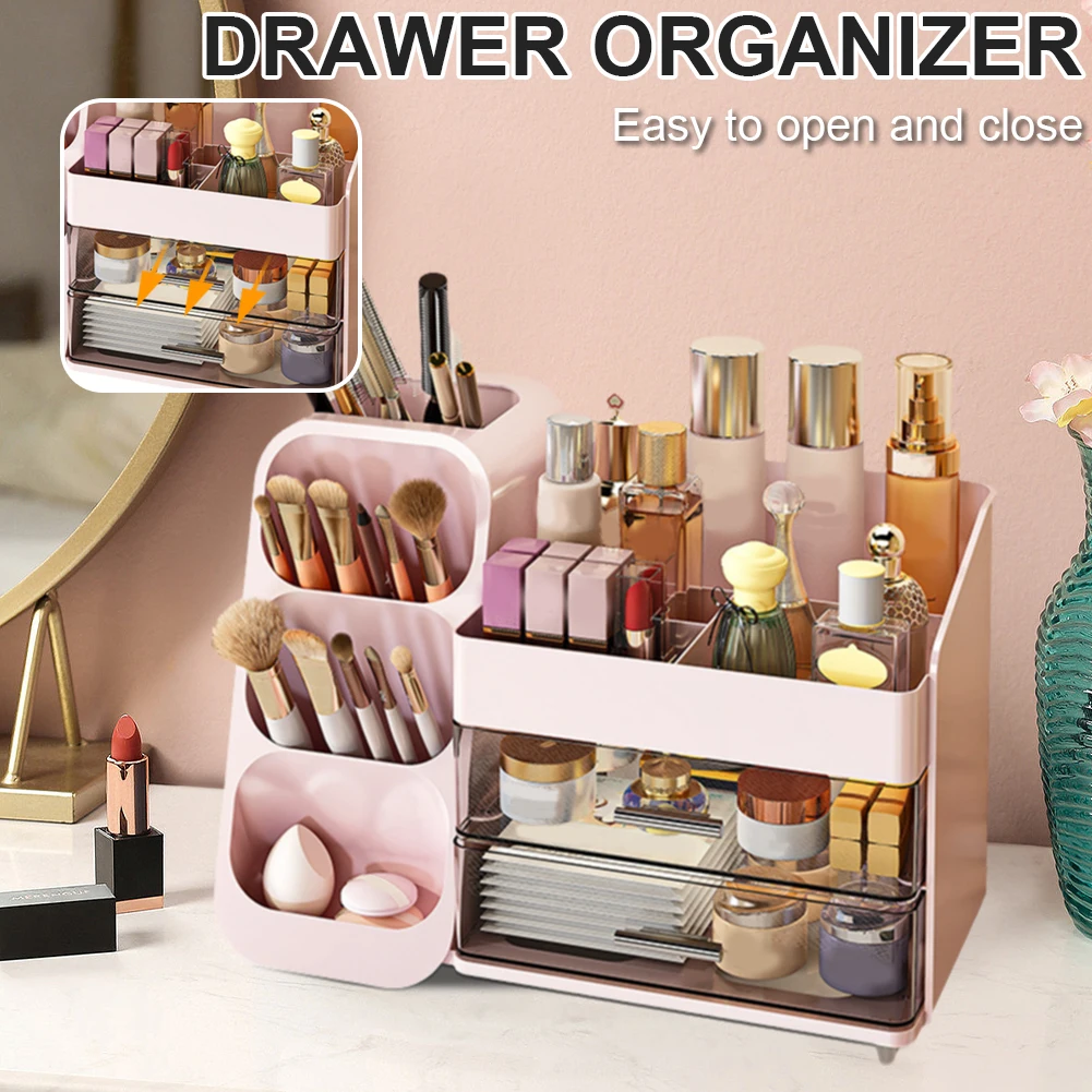 صندوق منظم سطح المكتب البلاستيكي، صندوق منظم المكياج، حافظة عرض مستحضرات التجميل المقاومة للغبار، حامل عرض المكياج لطاولة الزينة #1