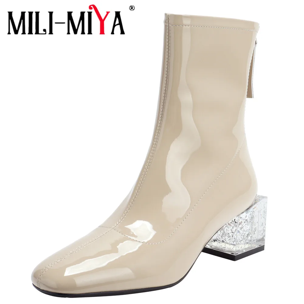 

MILI-MIYA New Arrival Women Cow Patent Leather Ankle Boots Round Toe Zippers Crystal Thick Heels Large Size 34-40 Handmade