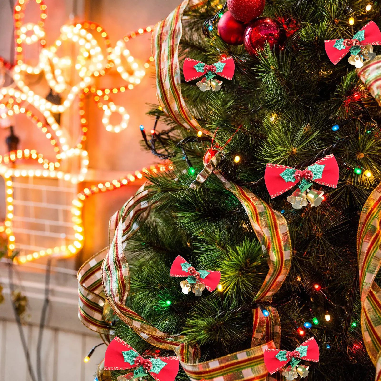 

24Pcs Bow Knot Bell Red Christmas Tree Decorations DIY Wreath Xmas Ornaments Gift Packaging Holiday Decor